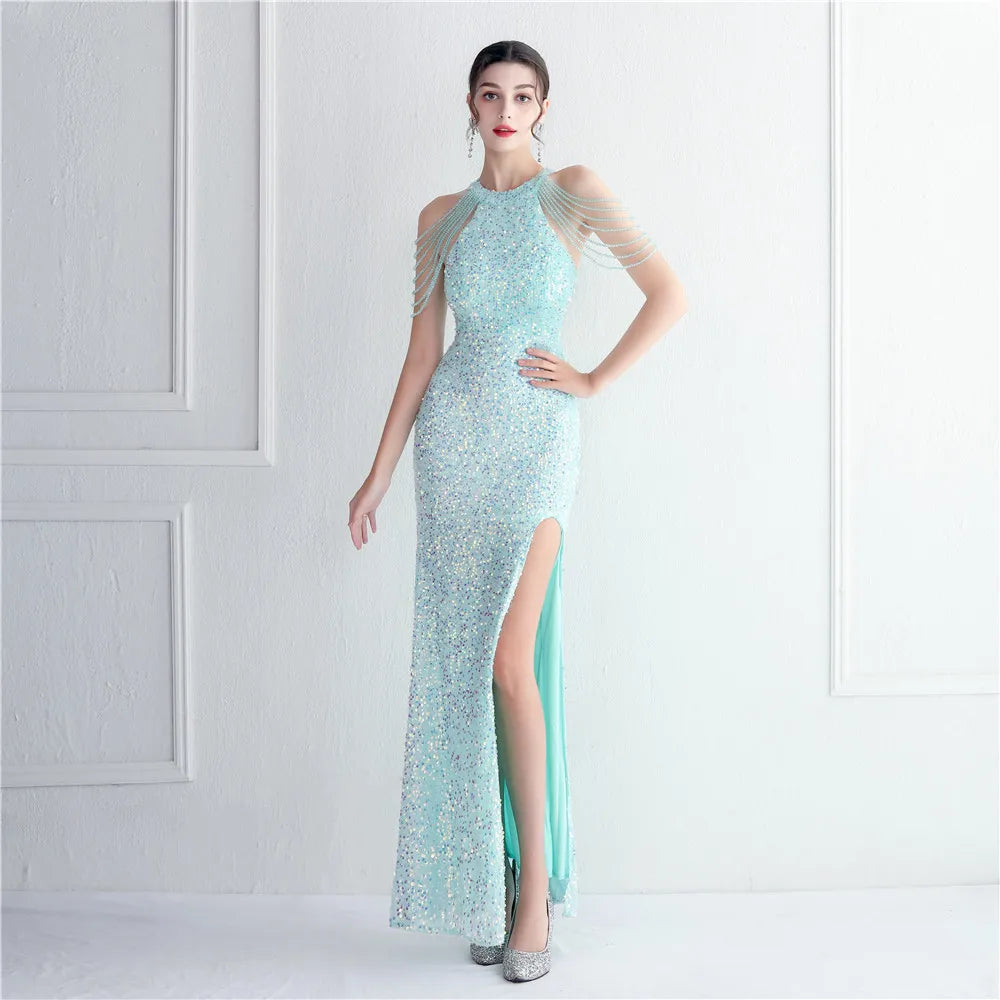 19386# Temperament Elegant Long Halter Slit Sequins Heavy Glass Beading Banquet Evening Dress
