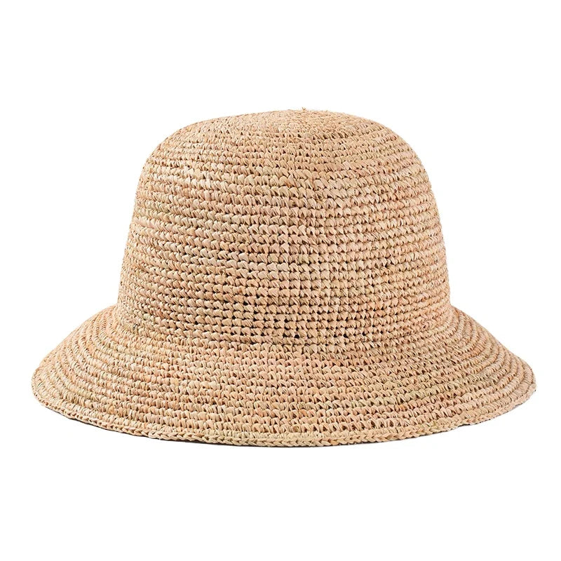 Handmade Ladies Crochet Natural Raffia Straw Bucket Hat Beach Floppy Fisherman Straw Caps