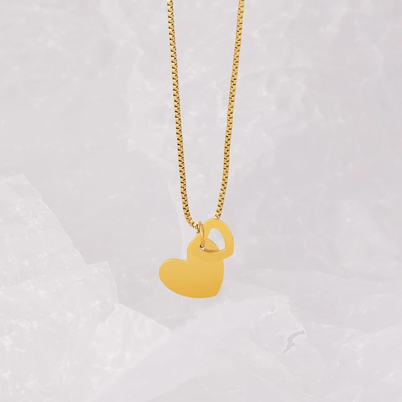 Fashion Stainless Steel 18K Gold Plated Box Chain Double Heart Pendant Necklace for Women