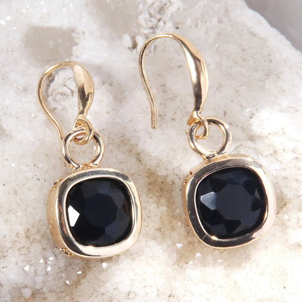 Newest Fashion Lady Gift Simple Jewelry Alloy Blue Red Black Pink Square Crystal Glass Pendant Earring