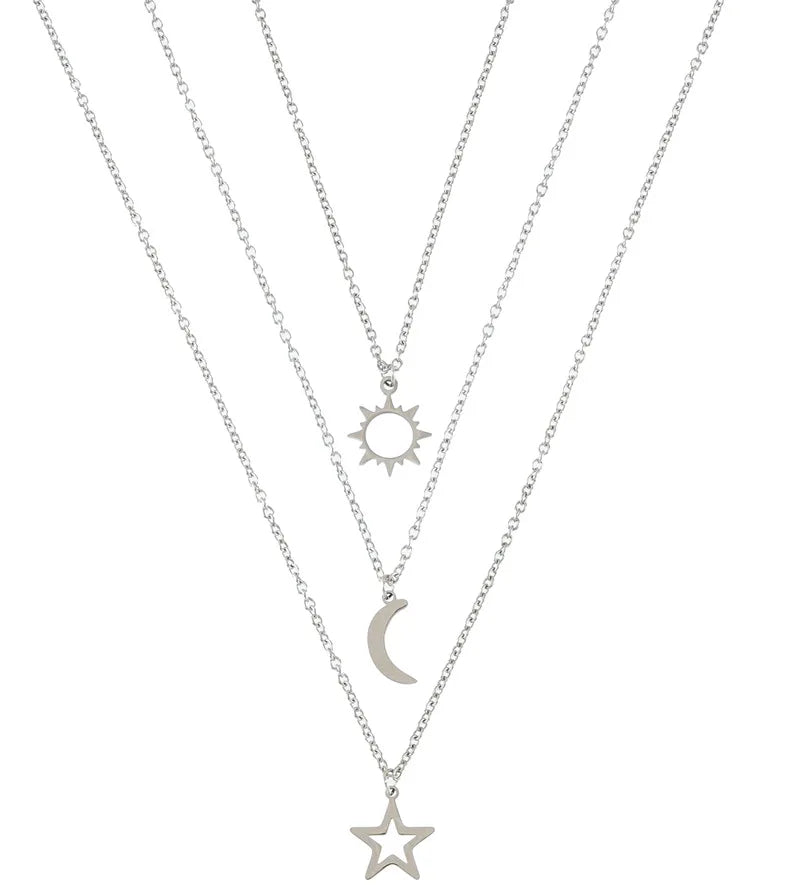 Women's Stainless Steel Sun Moon Star Clavicle Chain Necklace 3 Sets Link Featuring Pearl Diamond Religious Number Shape Pattern