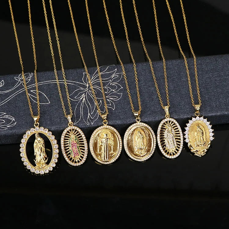 NZ1083 CZ Micro Pave Blessed Mother Virgin Mary Saint Medal Necklace Gold Women Jewelry Medal Pendant Necklace