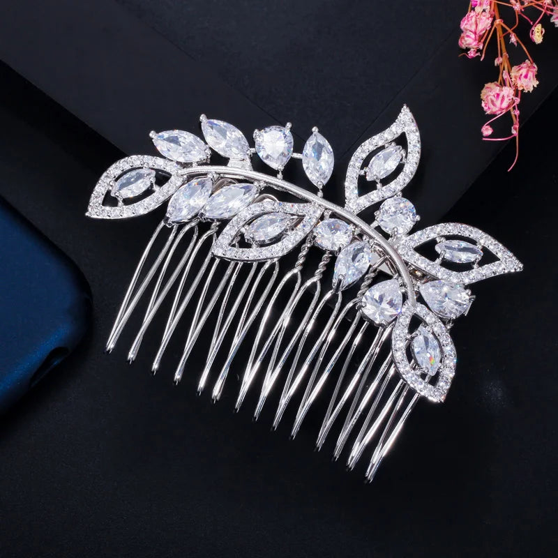 Elegant Shiny Cubic Zirconia Crystal Large Leaf Shape Wedding Hair Crown Comb Bridal Tiara Headpiece Evening Jewelry Accessories