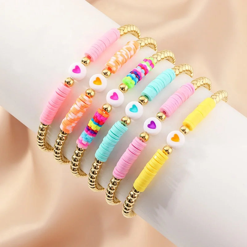 Bohemia Cute Heart Charm Friendship Bracelet Soft Polymer Clay Disc Beaded Handmade Golden Beads Bracelet for Women Girls