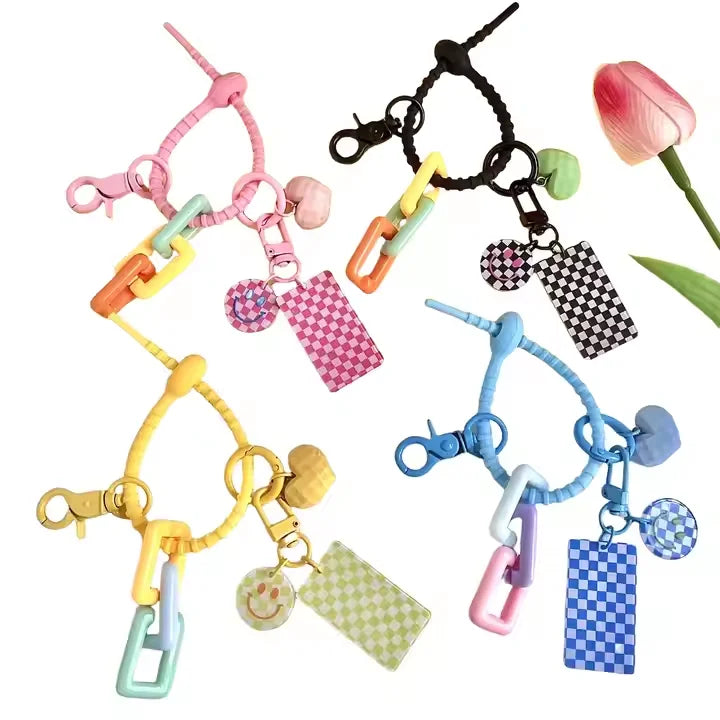 New Cute Smiling Face Acrylic Checkered DIY Light Keychain Plastic Schoolbag Pendant Keychain Charms for Key Bag