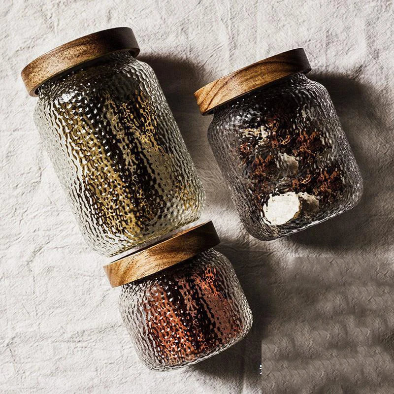 Acacia Wood Bamboo Lid Cork Top Embossed Glass Kitchen Storage Jars Coffee Bean Sealed Bottle Container for Food Storage