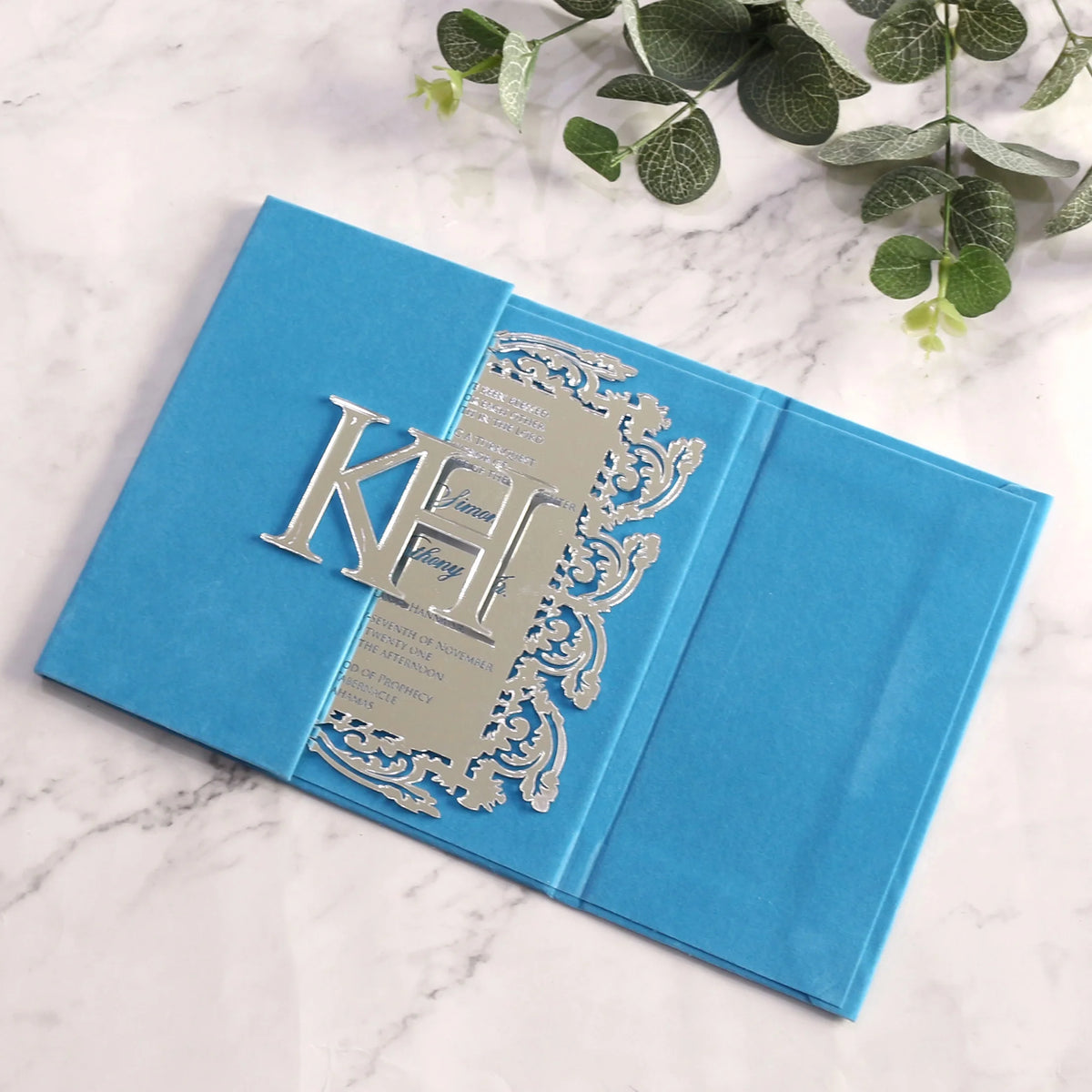 Fancy Blue Velvet Hardcover Folder Invitations Customized Monogram LOGO Laser Cut Silver Mirror Acrylic Wedding Invitation MegaBDM