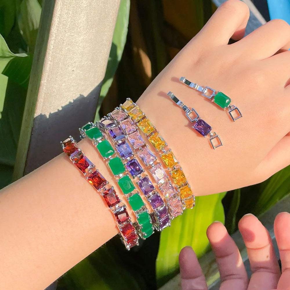Stunning Rectangle Pink Cubic Zirconia Tennis Bracelets for Women Luxury CZ Wedding Party Bridal Jewelry Gift