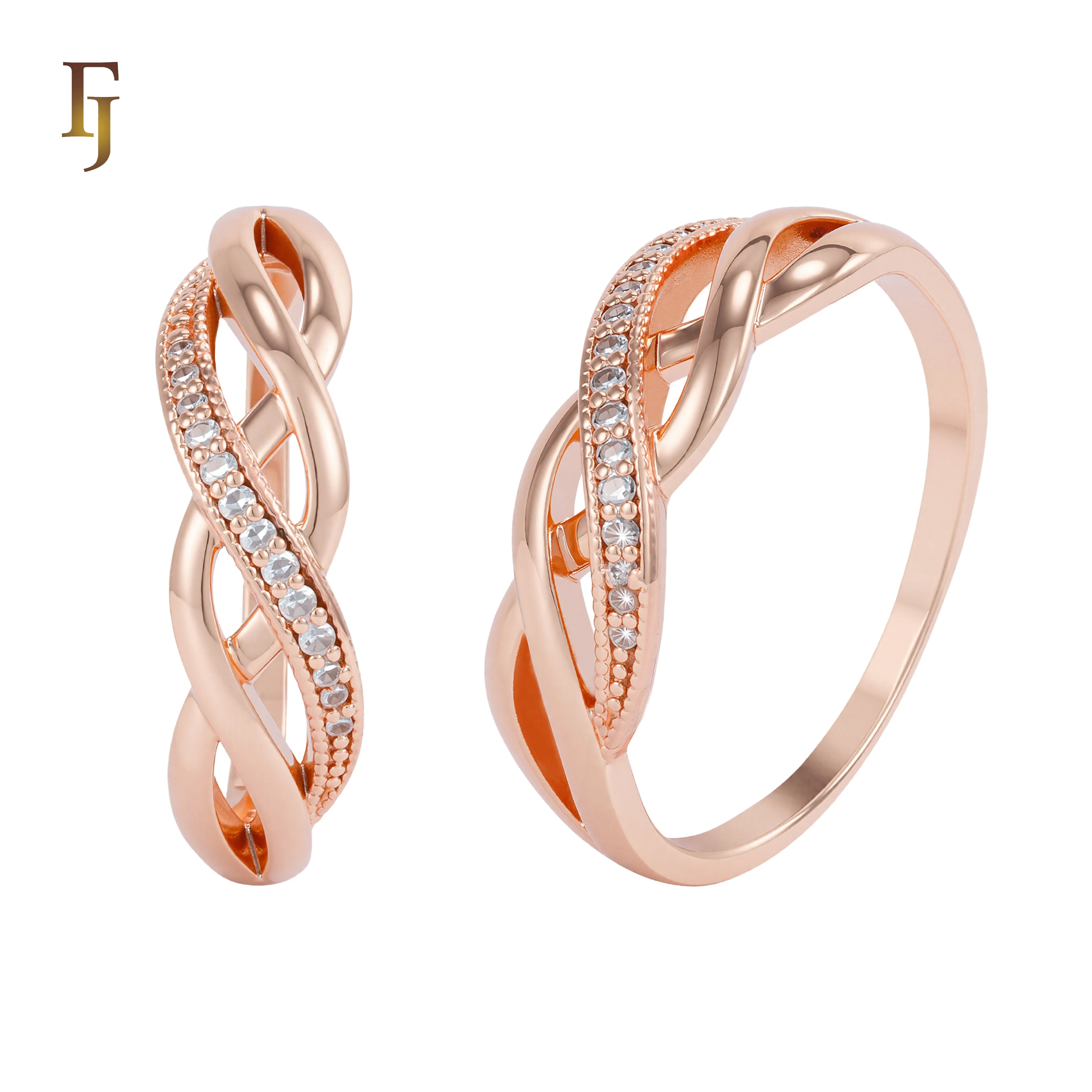 FJ Fallon Fashion Jewelry Ribbons of White CZs Fashion Eternity Wedding Band Rings Plated in Rose Gold Brass Based