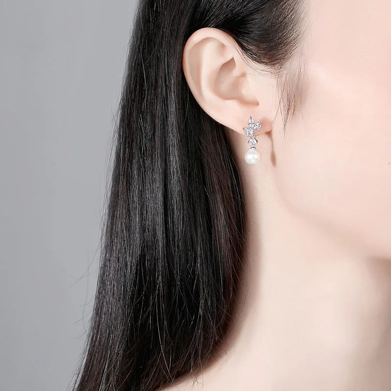 SLBRIDAL Pave Setting Fashion CZ Crystal Bridal Earring Cubic Zircon Earrings Wedding Dangle Pearls Women Girls Earring