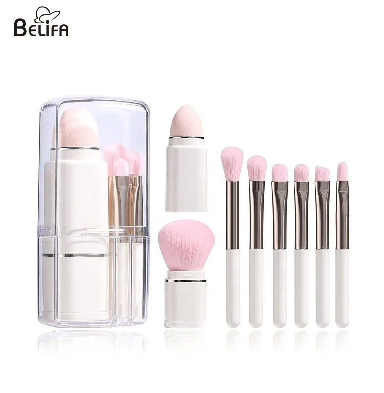 Wholesale Portable Retractable Lip Eye Foundation Powder Make up Brush 8 in 1 Mini Travel Size Makeup Brush Set