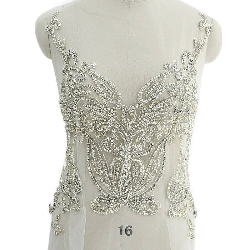 WDP-216 Keering Light Nude Mesh Pearl Silver Stone Patch Bead Bodice Dress Applique
