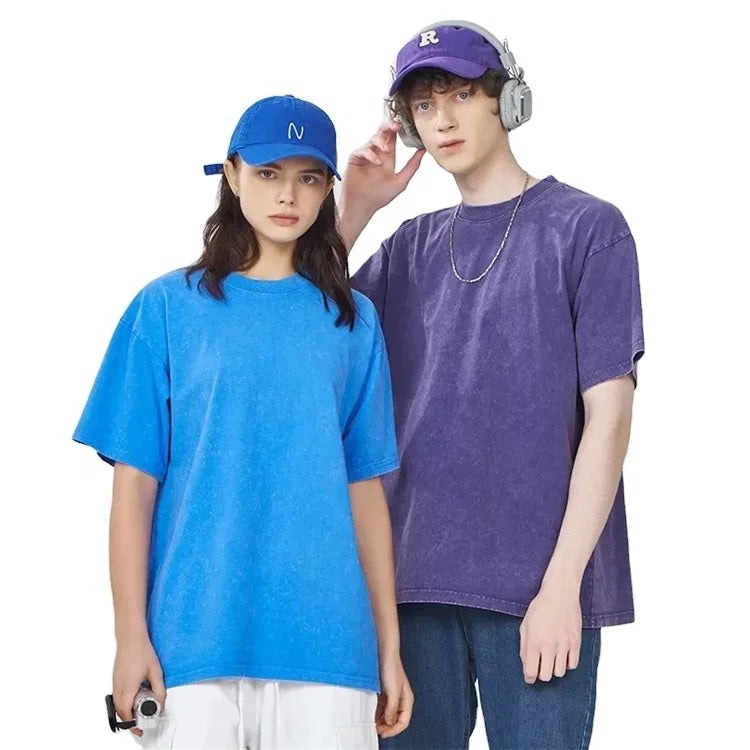 Oversized Vintage Acid Wash Heavy Cotton Logo Custom Short Sleeve Crew Neck Tee Loose Fit Casual Shirt Unisex Women Men T-Shirt