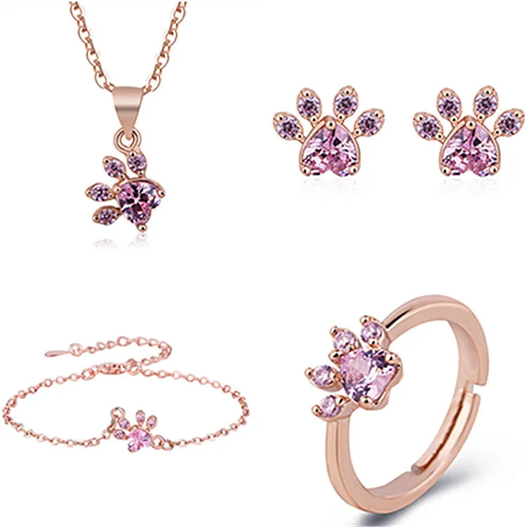 BINSHUO Pink Zircon Rose Gold Brass Jewelry Set Cute Cat Claw Necklace Earring Stud Bracelet Ring 4-Piece Jewelry Set for Woman
