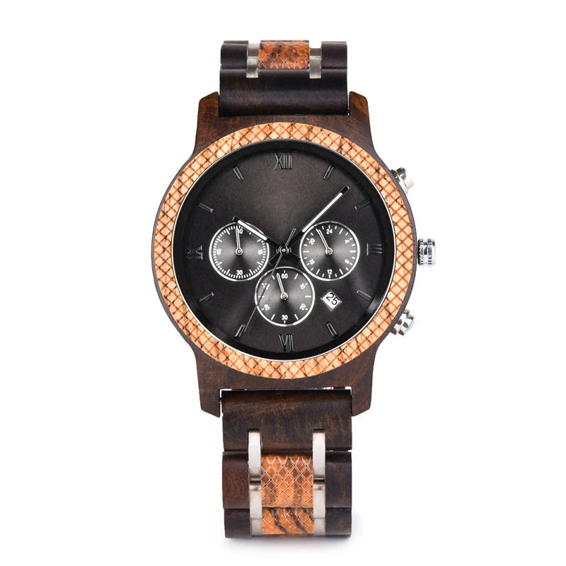 Popular Luxury Customized Brand Logo Chronograph Quartz Stainless Steel 22mm Mineral Glass Natural Timepieces Wooden Wristwatch