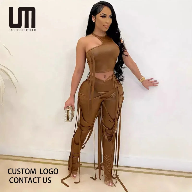 Liu Ming Wholesale Female Fashion PU Leather Irregular Crop Top and Lace up Fringe Pants 2 Piece Set