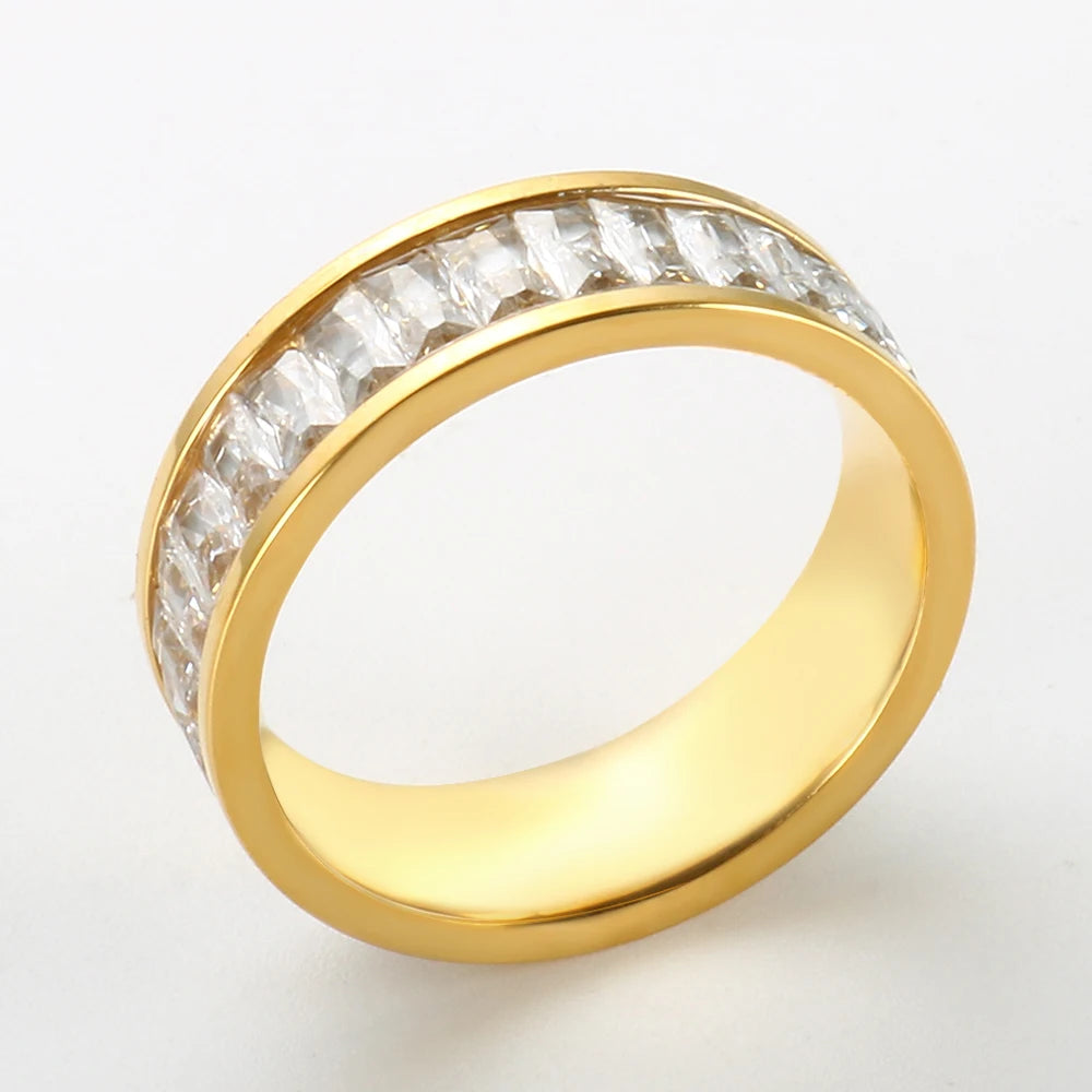 Hot Sale 18K PVD Gold Pated Square Clear Stone CZ Wedding Ring for Women Crystal Channel Setting Band Rings Jewellery Gift