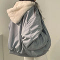 Deeptown Korean Fashion Velvet Lambswool Reversible Jacket Women Harajuku Oversized Solid Basic Winter Zip up Hoodie Beige Coat