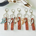 Fashion Western Style Vintage Brown Leather Embossed Textured Keychain Western Cowboy Rhinestone Cow Head Bag Pendant Jewelry