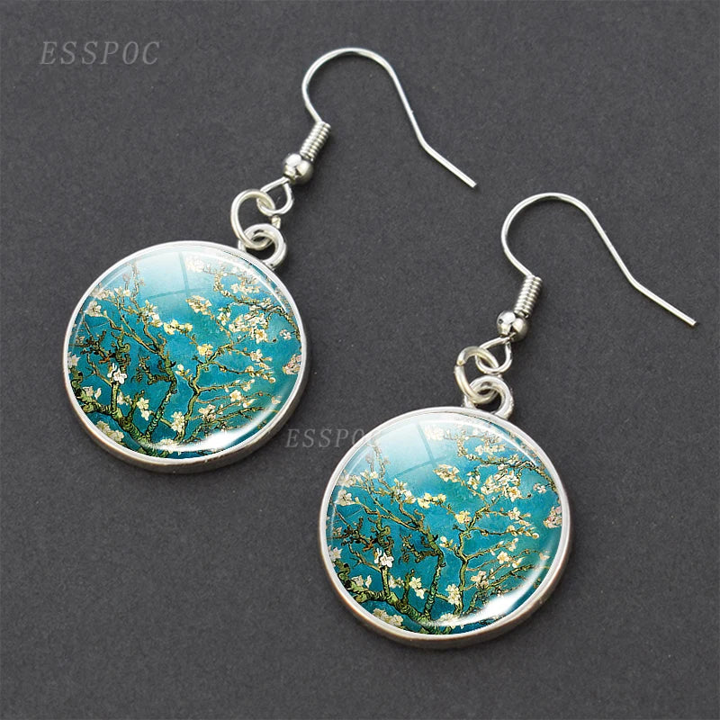 Fashion Women Van Gogh Oil Painting Art Jewelry Starry Night Sunflowers Iris Glass Cabochon Hook Earring for Christmas Gifts