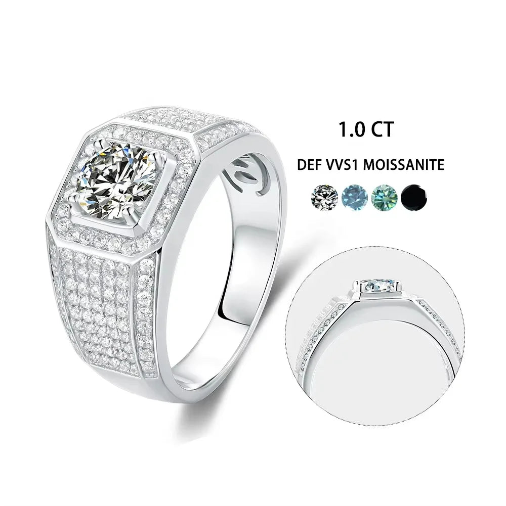 M76A Abiding Fine Jewelry 6.5MM Crushed Ice Out 1 Carat VVS Moissanite Diamond Half Pave 925 Silver Men Ring