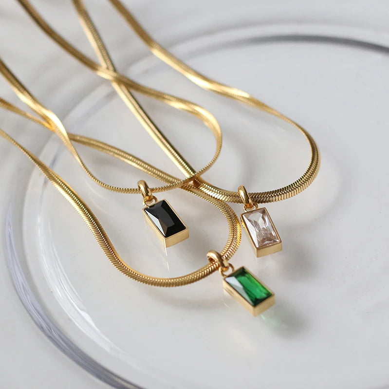 18k Gold Plated Stainless Steel Dainty Jewelry Square Clear AAA CZ Black Green White Zircon Stone Pendant Necklace for Women
