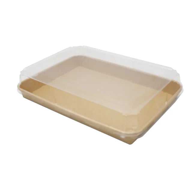 Customized Sustainable Disposable Recyclable Kraft Paper Sushi Tray UV Coating Matt Lamination Embossing Baby Food Potato Chips