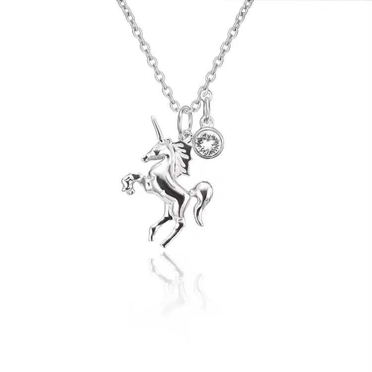 High Quality S925 Sterling Silver 3A Zircon Rhodium Plated Unicorn Pendant Necklace