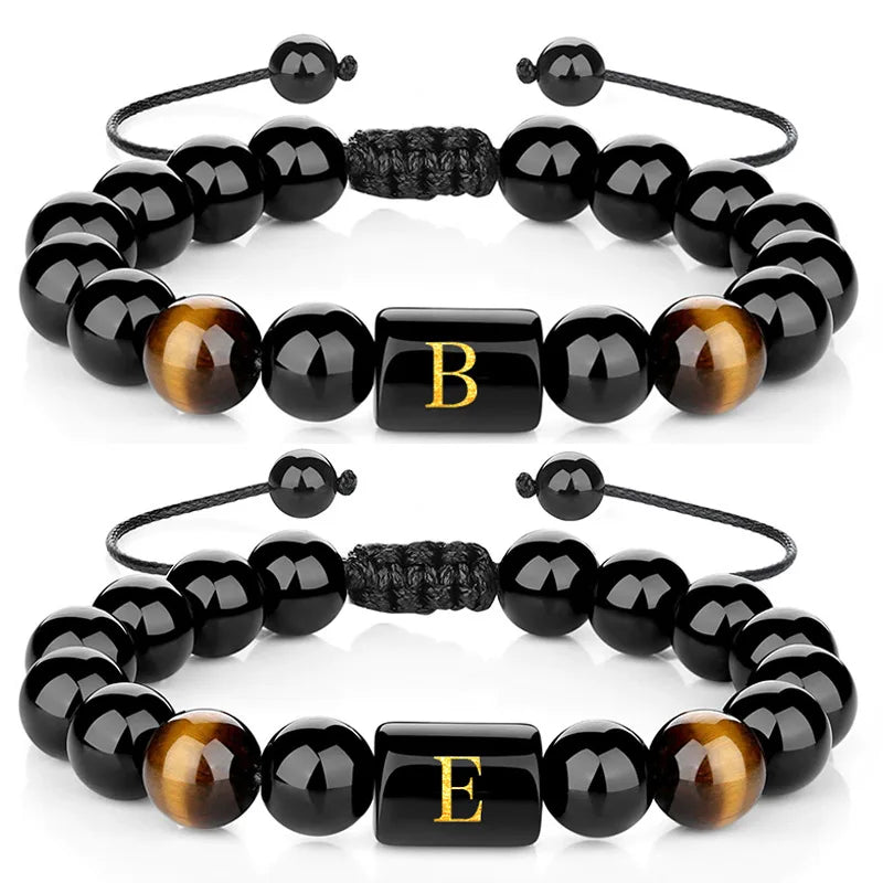 Natural Agate Crystal Beads Bracelet 26 English Letter Bracelet Woven Natural Tiger's Eye Stone  Bracelet for Men and Women
