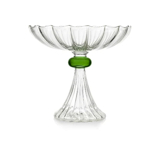 Custom Made Clear Hand Blown Heat-resistant Borosilicate Glass Ribbed Fruit Stand with Stripes