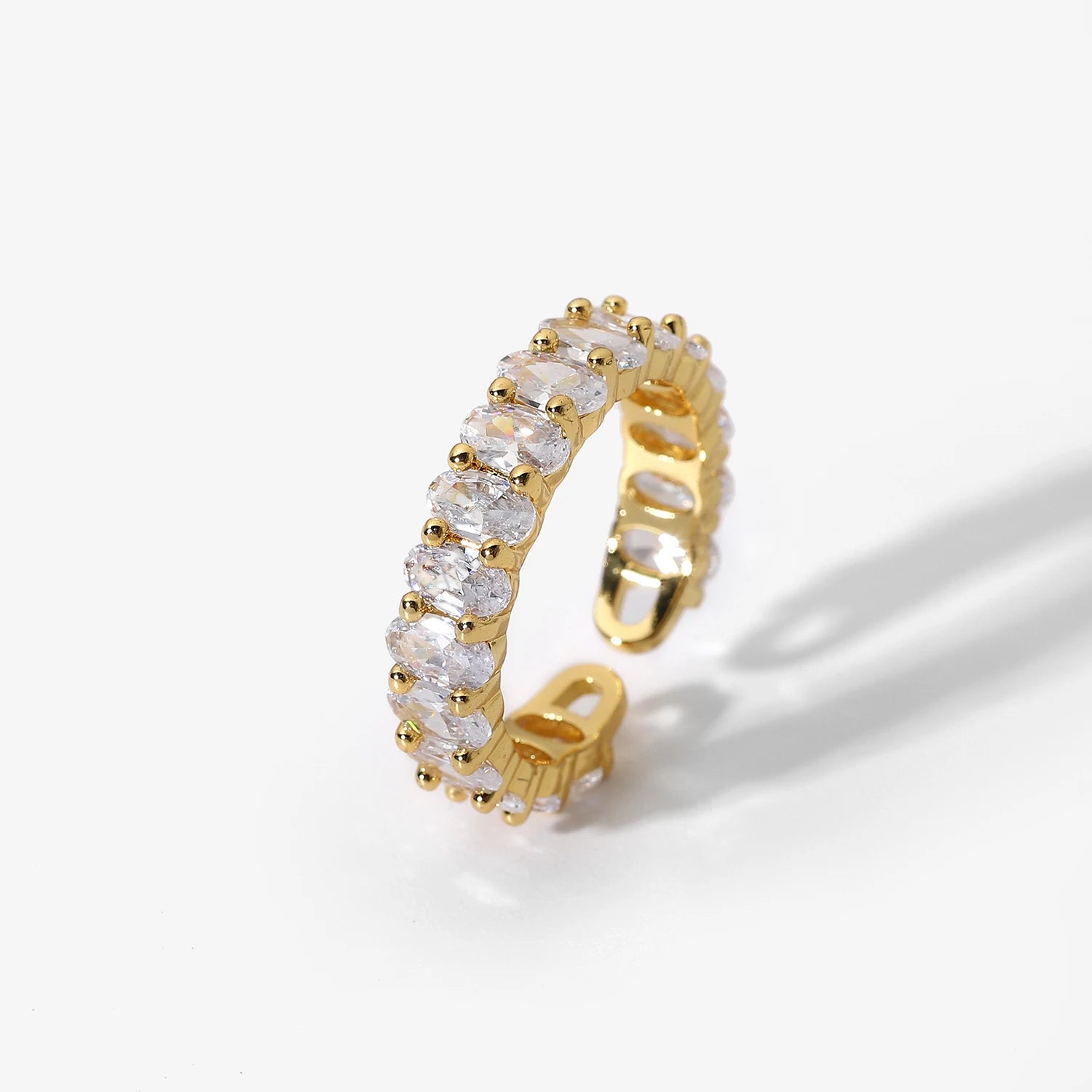 Shiny Crystal 18k Gold Plated Copper Cubic Zirconium CZ Oval Rings Women Wedding Jewelry Adjustable Open Ring