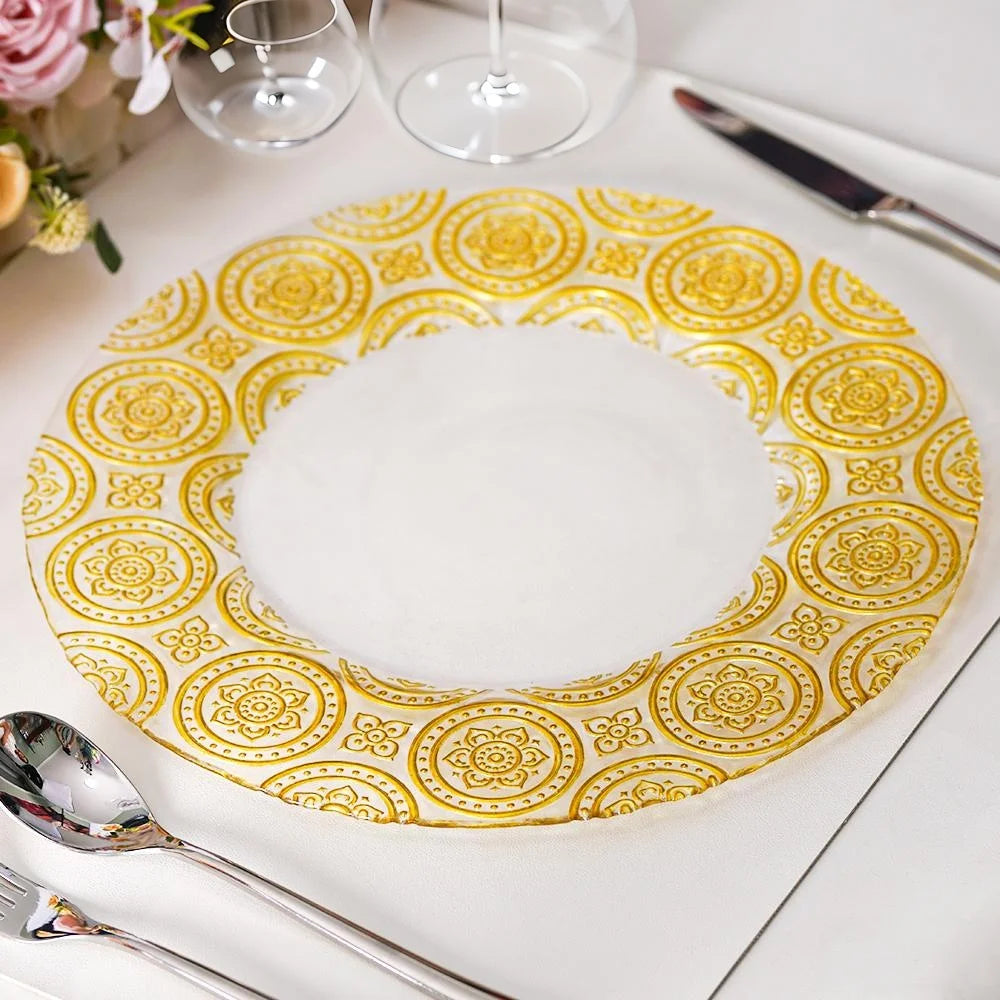 Wholesale Hot Selling Round 13 Inch Flower Embossed Golden Silver Clear Edge Tableware Dinning Glass Charger Plate Hotel Wedding