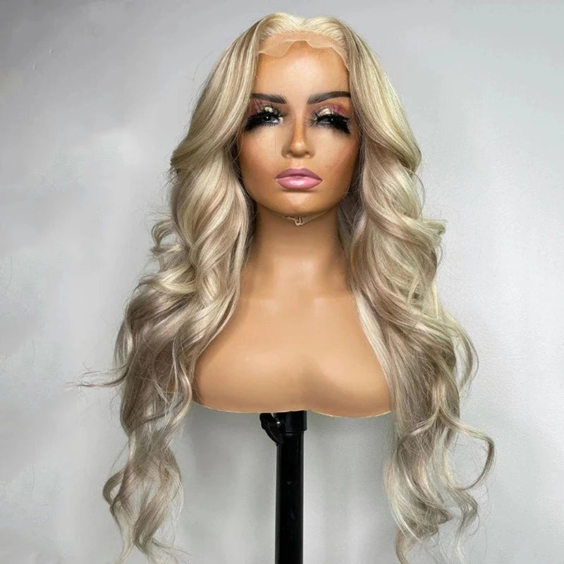 Top Grade Highlight Ash Blonde Color Body Wave Cuticle Aligned Human Hair Lace Front Wigs