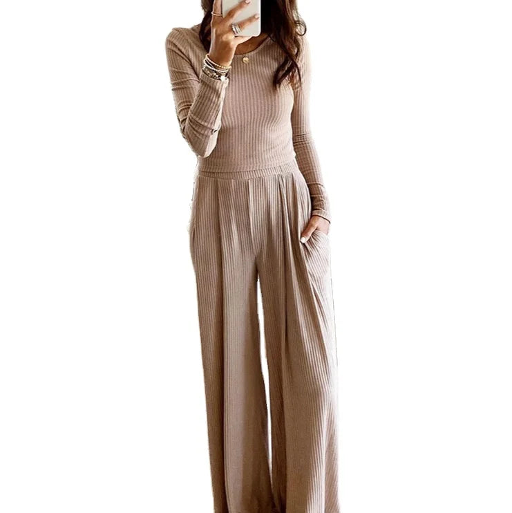 2024 New Style Round Neck Wide Leg Pants Sets Sweater Crop Top Knit Two Piece Set