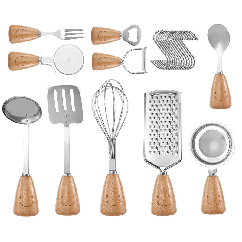 Manjia Wholesale Multi Functional Kitchenware Home and Kitchen Gadgets Cooking Utensils with Wooden Handle BFJM194 Cookware