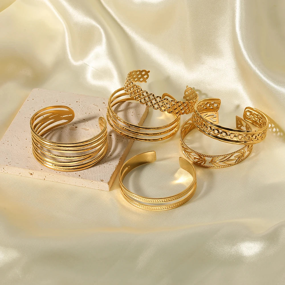 Exaggerated Stainless Steel Gold Plated Tarnish Free Jewelry Wide Band Adjustable Opening Cuff Bangles Bracelets for Women Men