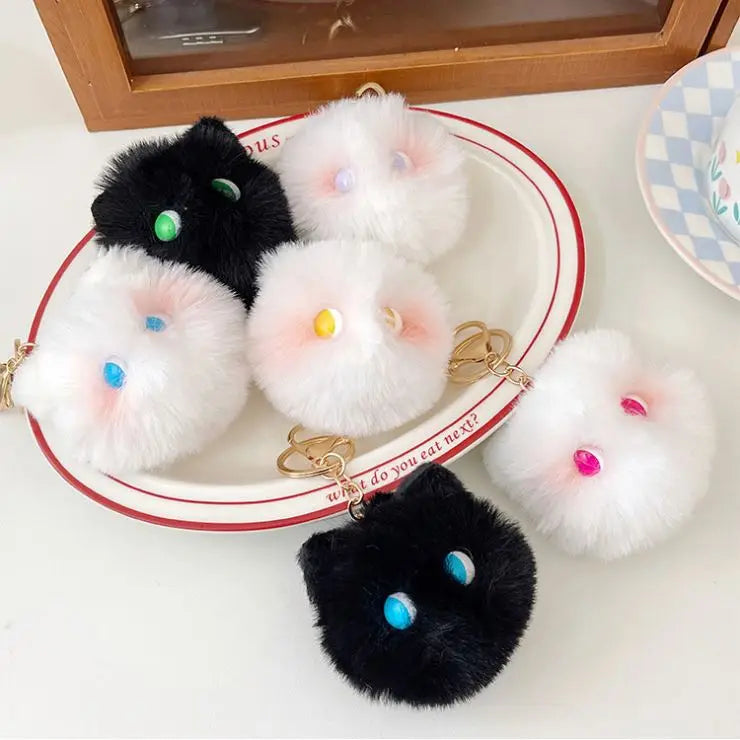 Cute Faux Fur Blusher Cat Ball Plush PomPom Keychain Pom Pom Lovely Animal Doll Key Chain Ring for Women Girls Bag Pendant