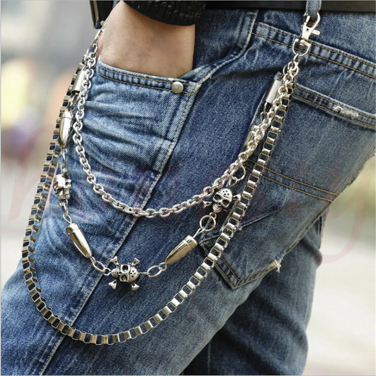 Men Trousers Pants Waist Belt Key Chain Punk Skeleton Skull Head Jean Gothic Rock Three Row Cool Hip Hop