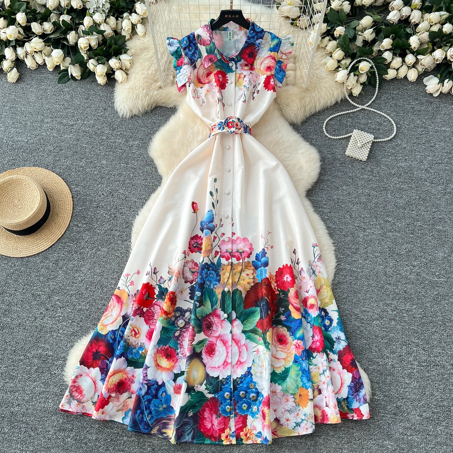 LW0740 2025 Spring New Retro Waist Lapel Single-Breasted Cardigan Print Long Dress Printed Dress Casual Women'S Dresses