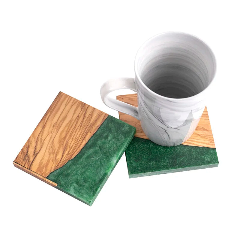 Naturally Olive Wood square Coasters with Green Resin River