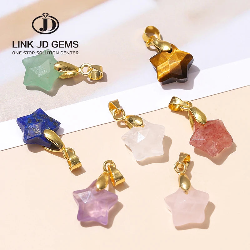 JD Fashion Healing Gem Stones Charms 11*5mm Gold Buckle Natural Stone Quartz Amethyst Lapis Lazuli Faceted Star Pendant