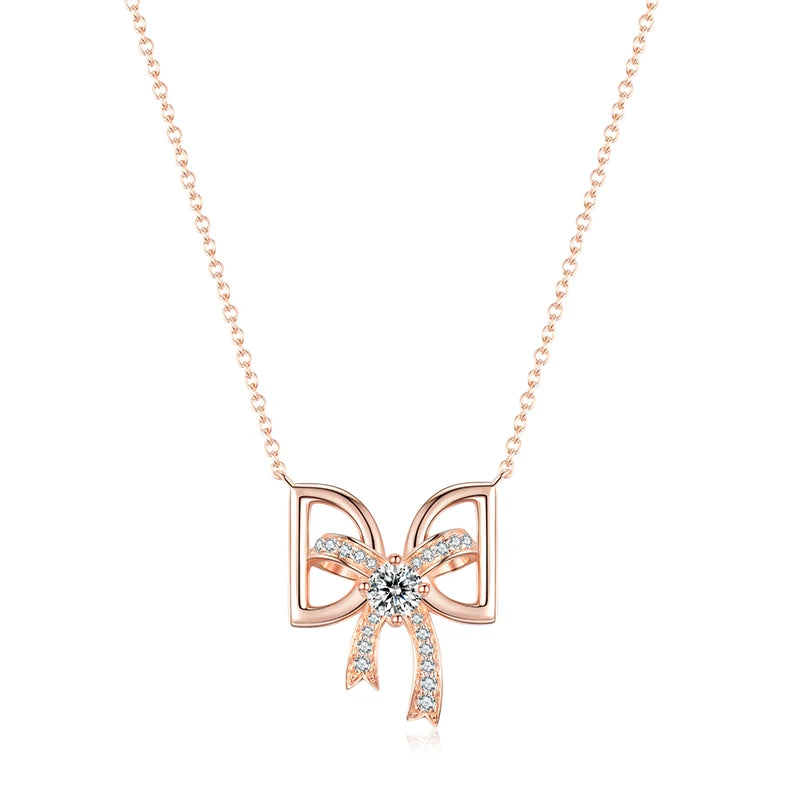 Romantic Rose Gold Plated Cubic Zirconia Diamond Sterling Silver 925 Bow Pendant Necklace for Christmas Gift
