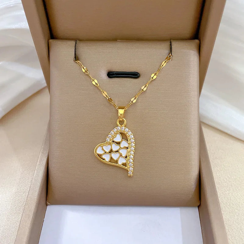 Trendy 18k Gold Plated Stainless Steel Heart Tennis Necklace Jewelry Enamel Zircon Heart Charms Necklace for Women Girls