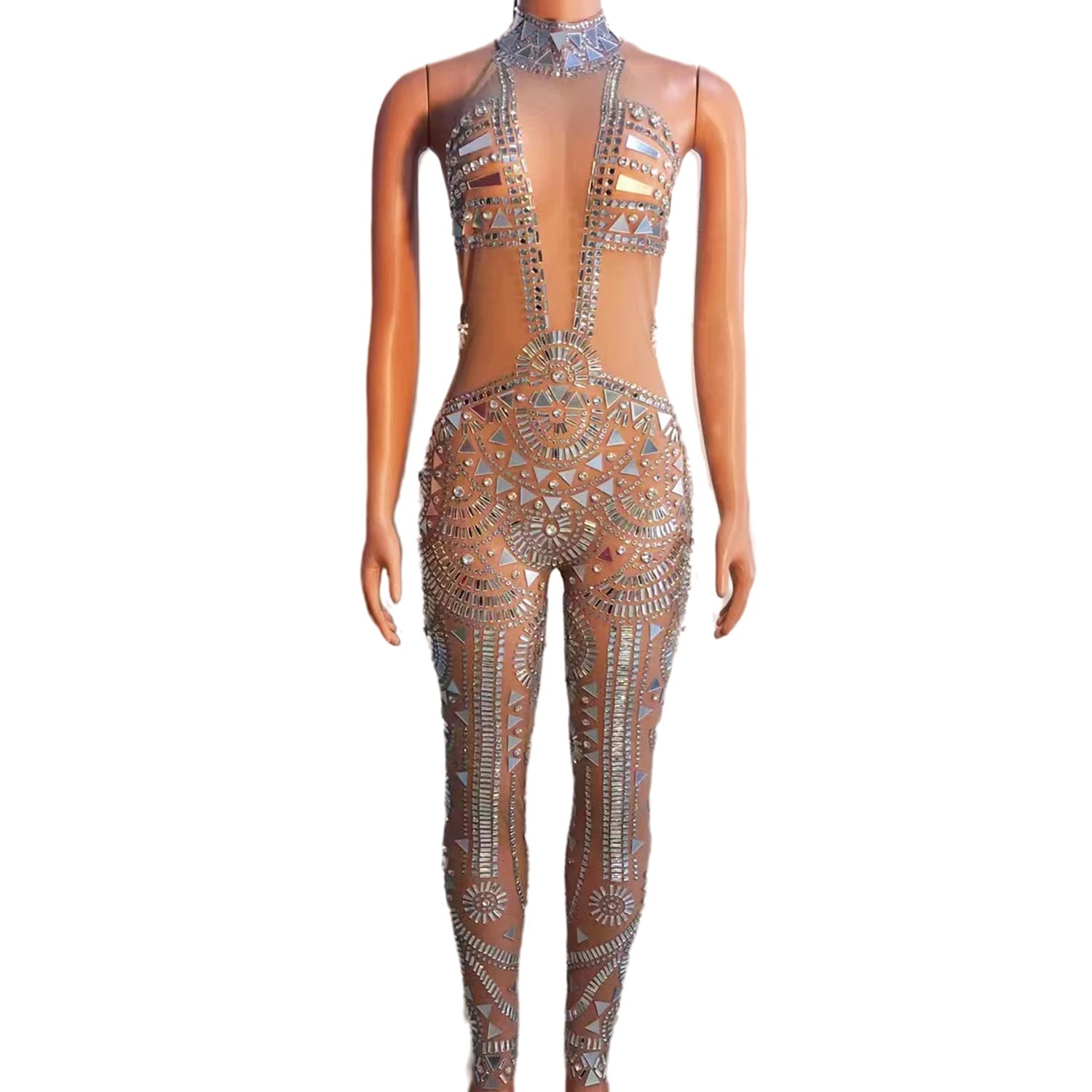 Shiny See Through Mirror Sequin Mesh Bodysuit Stripper Outfits Dance Leotard Party Club Rompers Sexy Backless One Piece Jumpsuit