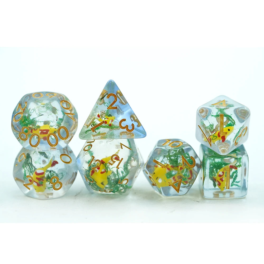 Animal Yellow Koi & Moss Shape Polyhedral D20 Dice Set Resin  for Board Game Use DND DND