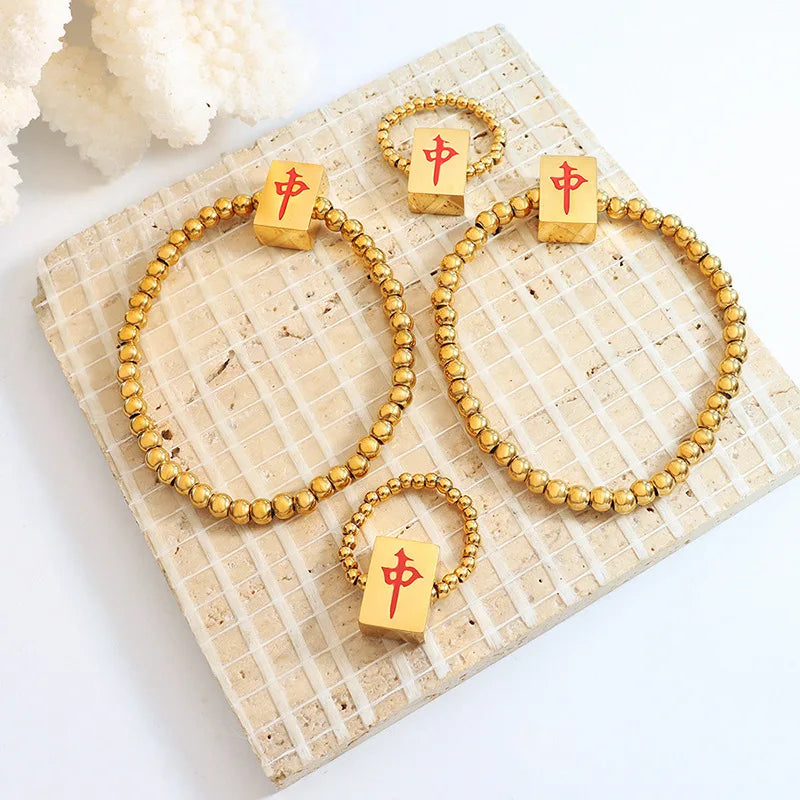 Ethnic Style Mahjong Elastic Rope Ring Bracelet Stainless Steel 18k Gold Plated Jewelry Set