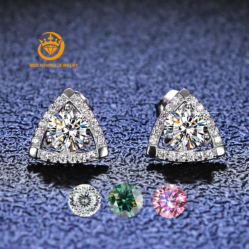 S925 Sterling Silver Moissanite Triangle Design Grade D Moissanite Earrings 1ct Moissanite Stud Earrings
