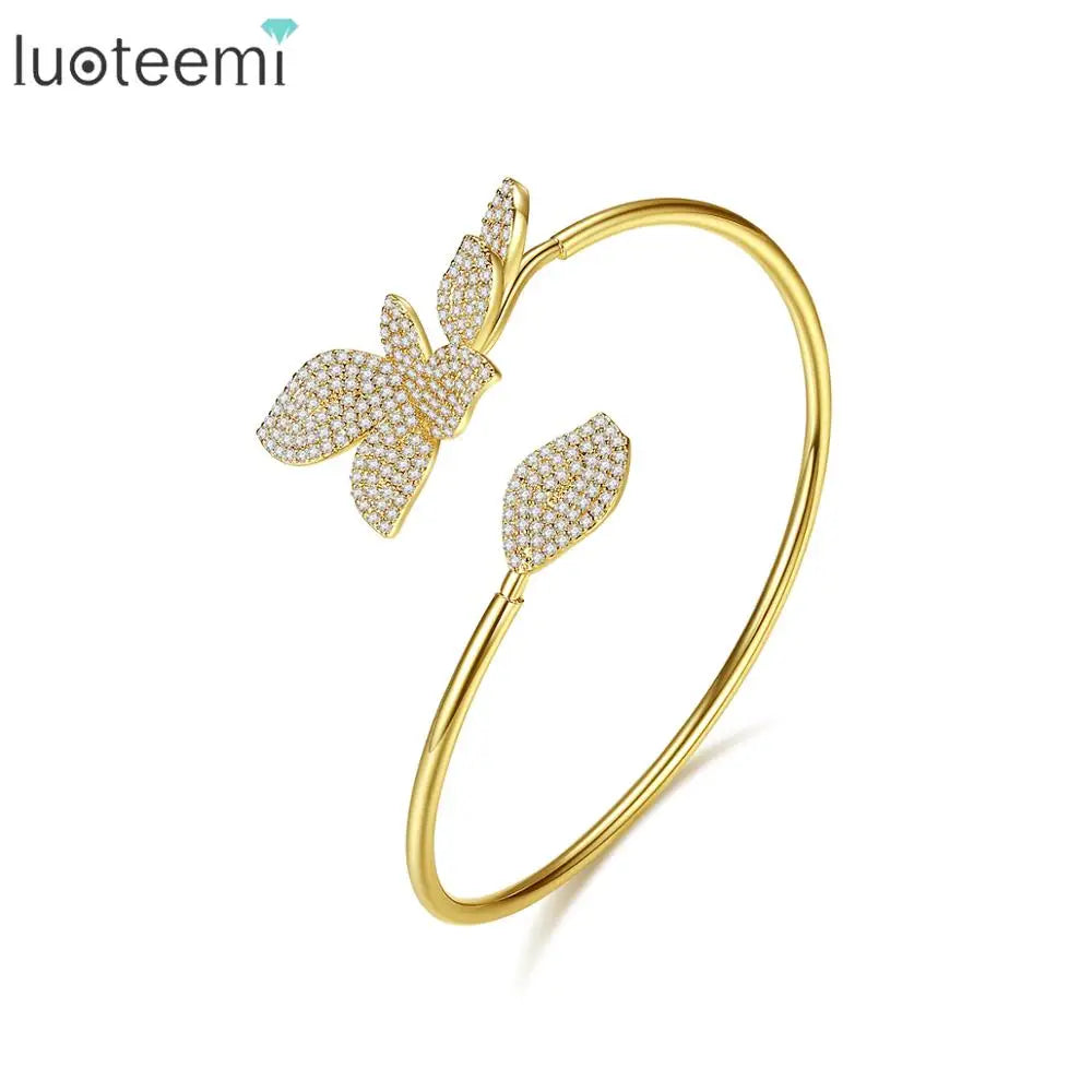 LUOTEEMI Flower Adjustable Bangles Real Gold Plated Bangles for Women Fashion Jewelry Cuff Bangle