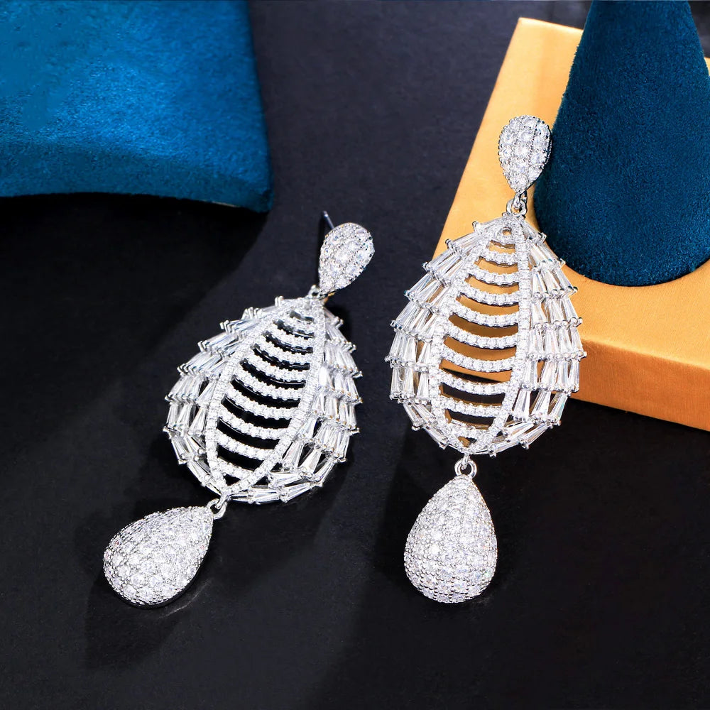 Fashion Top Shiny Cubic Zirconia Inlay Hollow Out Dangle Exaggerated Statement Long Big Wide Wedding Bridal Party Dress Earrings