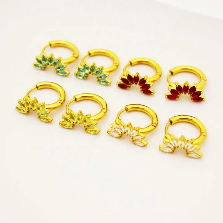 Creative Luxury Stainless Steel Crown Red CZ Semi Hoop Earring Green White Zircon Diamond Circle Shape Trendy Gold Iced Women's